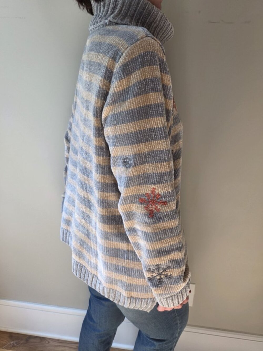Coldwater Creek Luxe Chenille Turtleneck Sweater Gray Tan Snowflake Holiday 1X - Picture 6 of 10